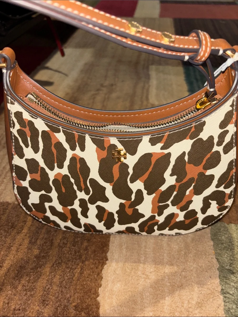 Tory Burch Leather-Trim Leopard Print Shoulder Bag in Brown/Tan